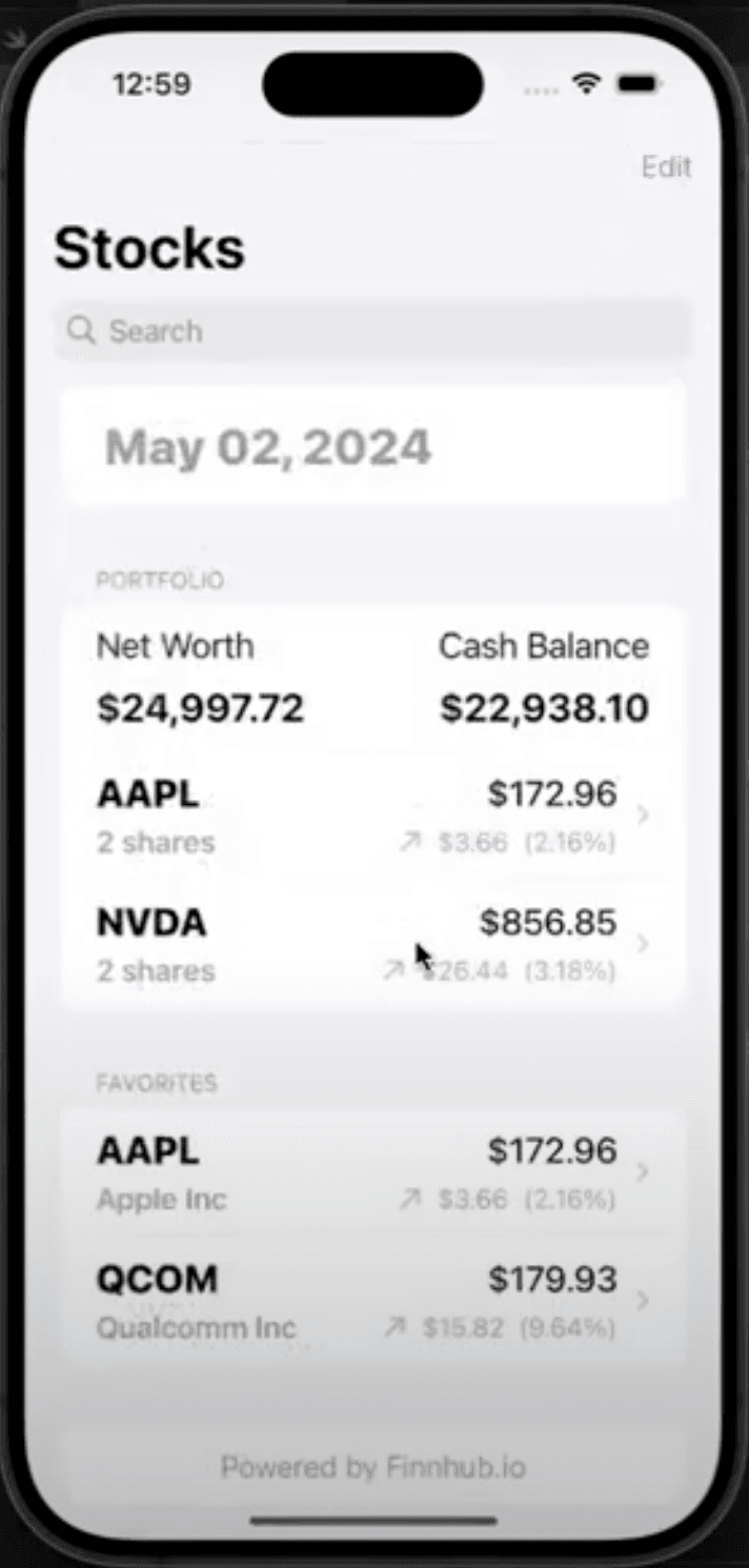 Stock Insight iOS App - Native Swift application for real-time stock tracking and portfolio management by Rutwik Patel