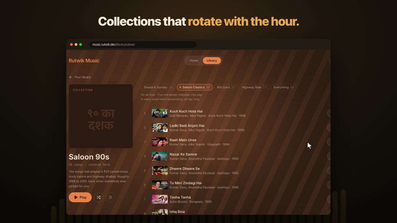 Music (music.rutwik.dev), a personal Indian music library built with Next.js and the YouTube IFrame API: curated collections that rotate with the hour, a reorderable queue and your own playlists, by Rutwik Patel