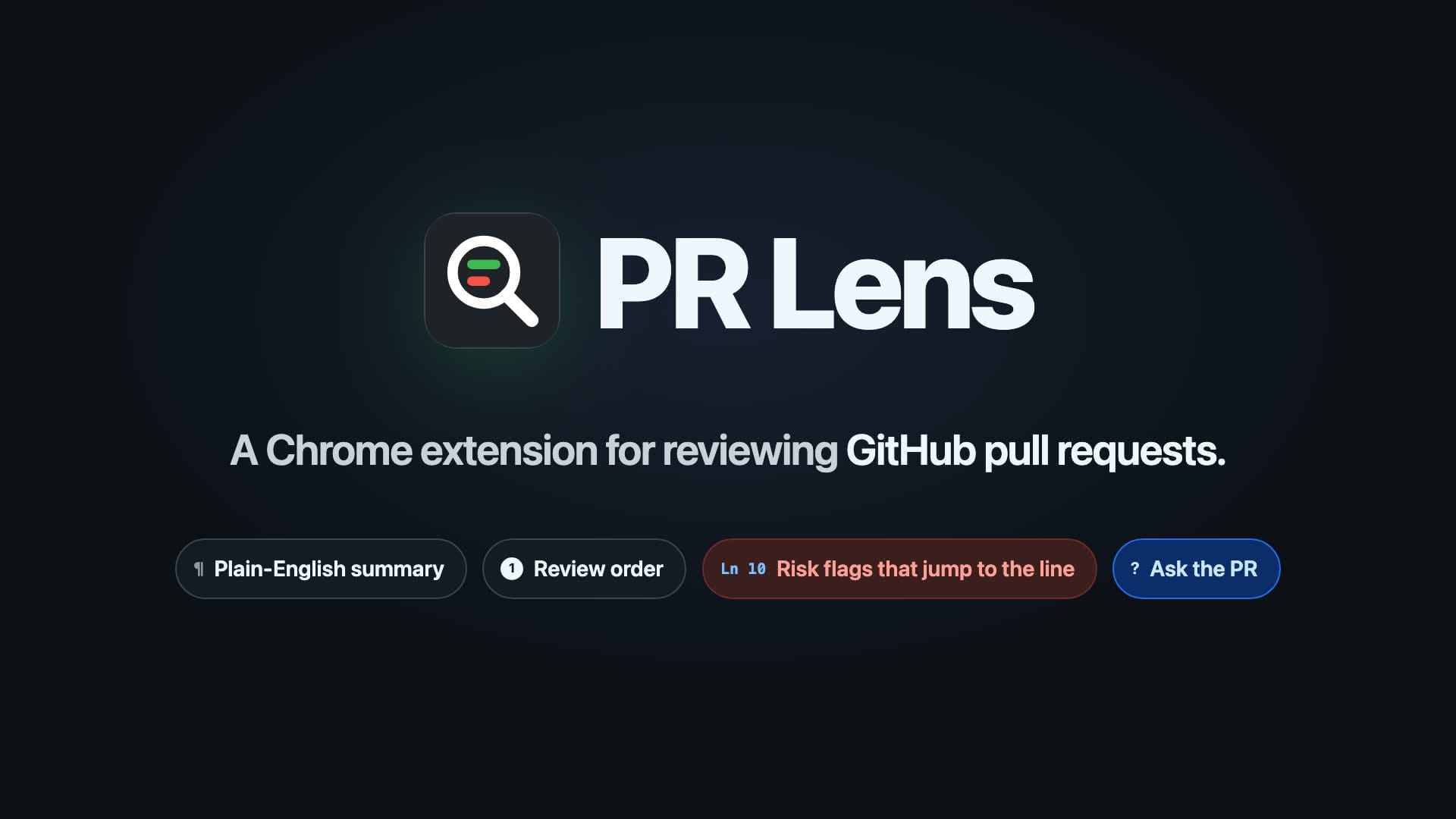 PR Lens, a Chrome extension that opens a side panel on a GitHub pull request with a summary, a review order, risk flags that jump to the exact line, and answers about the change, built with React, TypeScript, Hono and Cloudflare Workers by Rutwik Patel